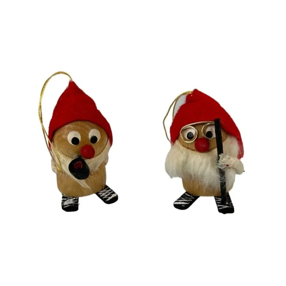 Made in Japan Wooden Skiing Gnomes Christmas Tree Ornaments Handmade Vintage Set